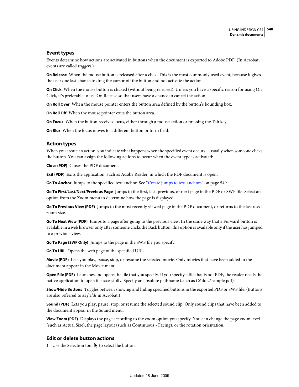 Event types, Action types, Edit or delete button actions | Adobe InDesign CS4 User Manual | Page 556 / 717
