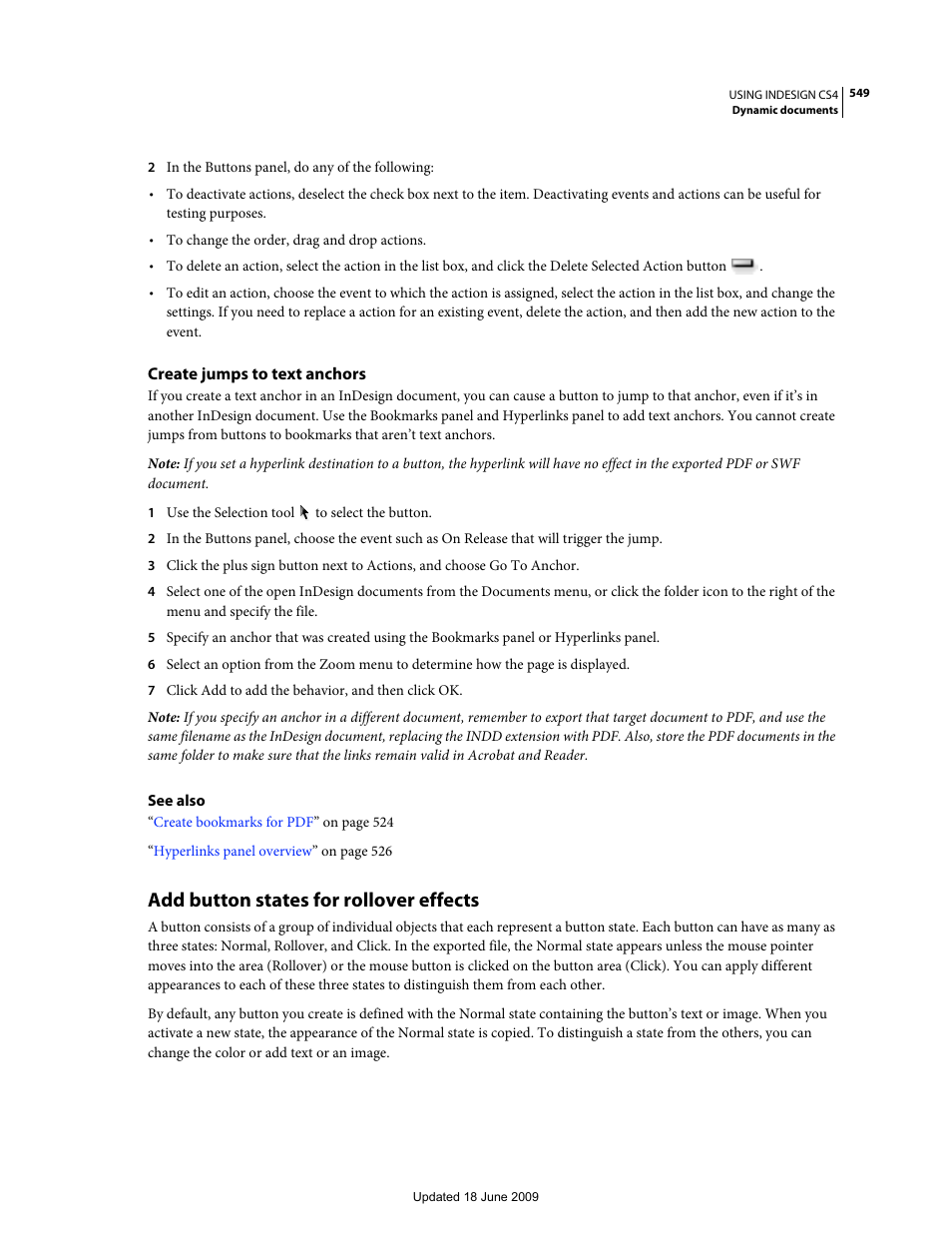 Create jumps to text anchors, Add button states for rollover effects | Adobe InDesign CS4 User Manual | Page 557 / 717