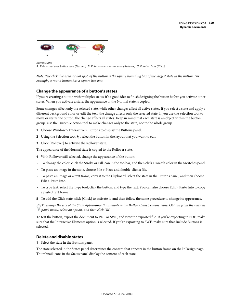 Change the appearance of a button’s states, Delete and disable states | Adobe InDesign CS4 User Manual | Page 558 / 717