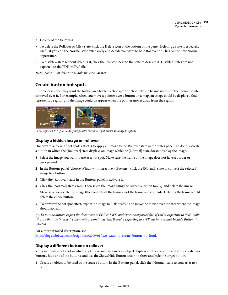 Create button hot spots, Display a hidden image on rollover, Display a different button on rollover | Create, Button hot spots | Adobe InDesign CS4 User Manual | Page 559 / 717
