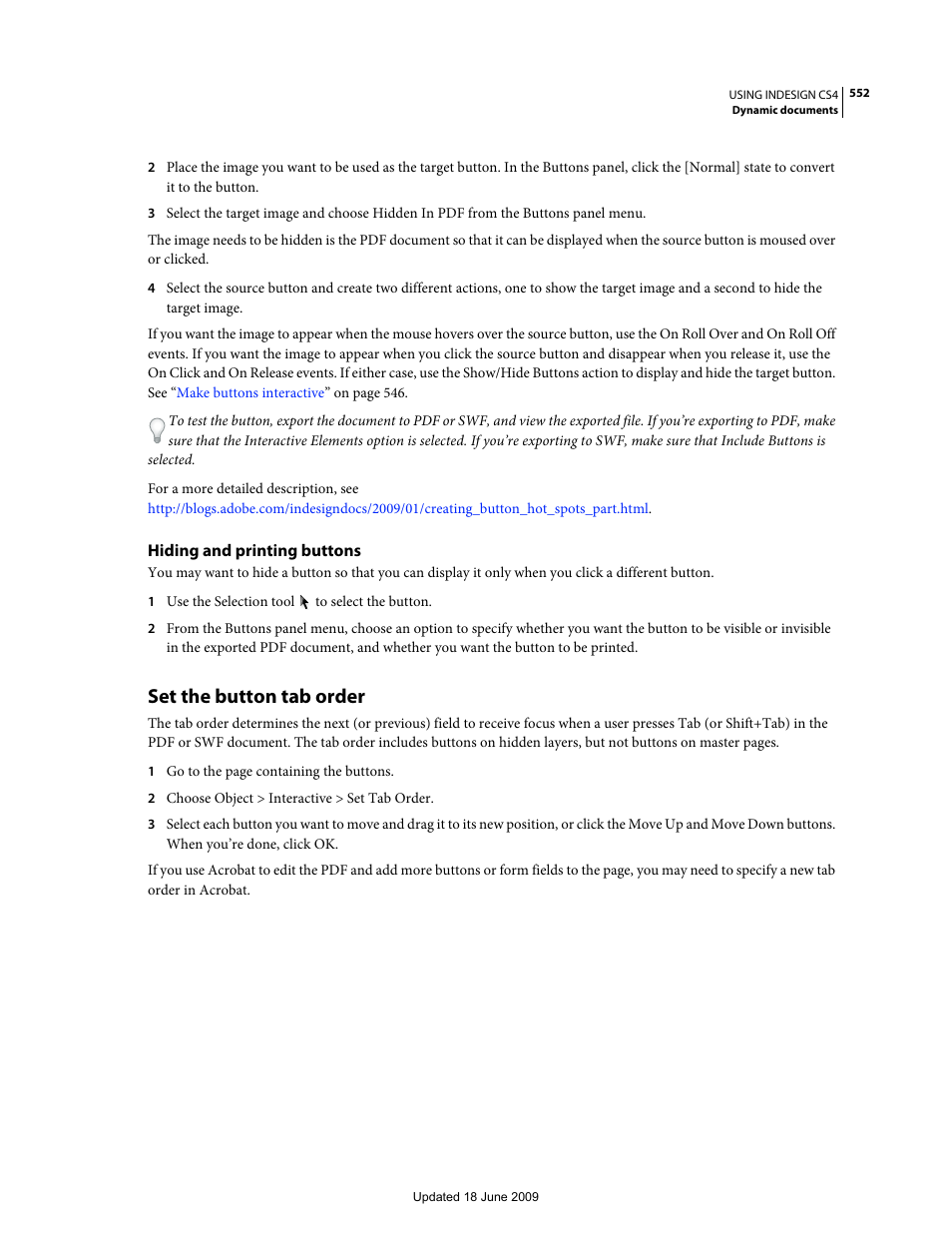Hiding and printing buttons, Set the button tab order | Adobe InDesign CS4 User Manual | Page 560 / 717