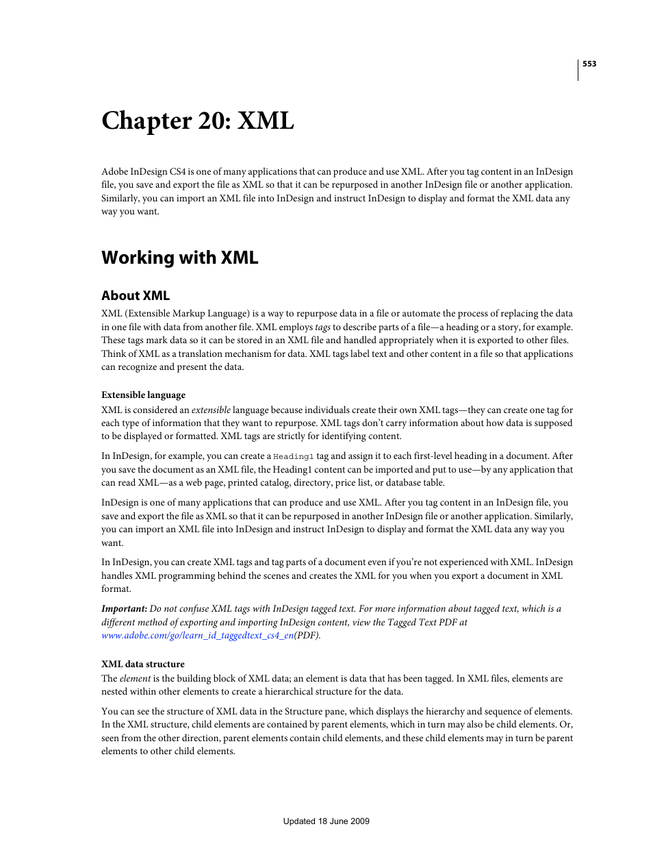 Chapter 20: xml, Working with xml, About xml | Adobe InDesign CS4 User Manual | Page 561 / 717