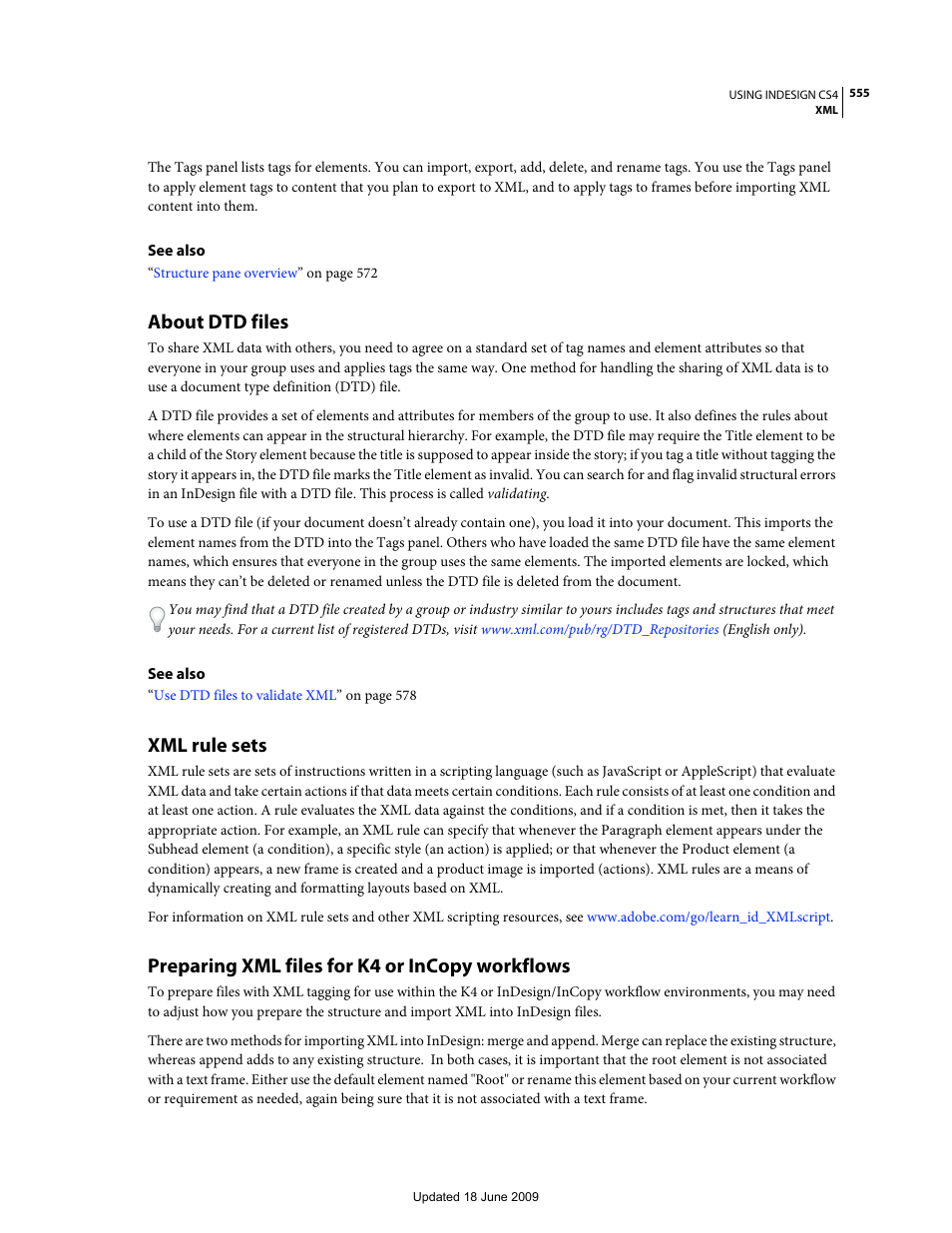 About dtd files, Xml rule sets, Preparing xml files for k4 or incopy workflows | Adobe InDesign CS4 User Manual | Page 563 / 717