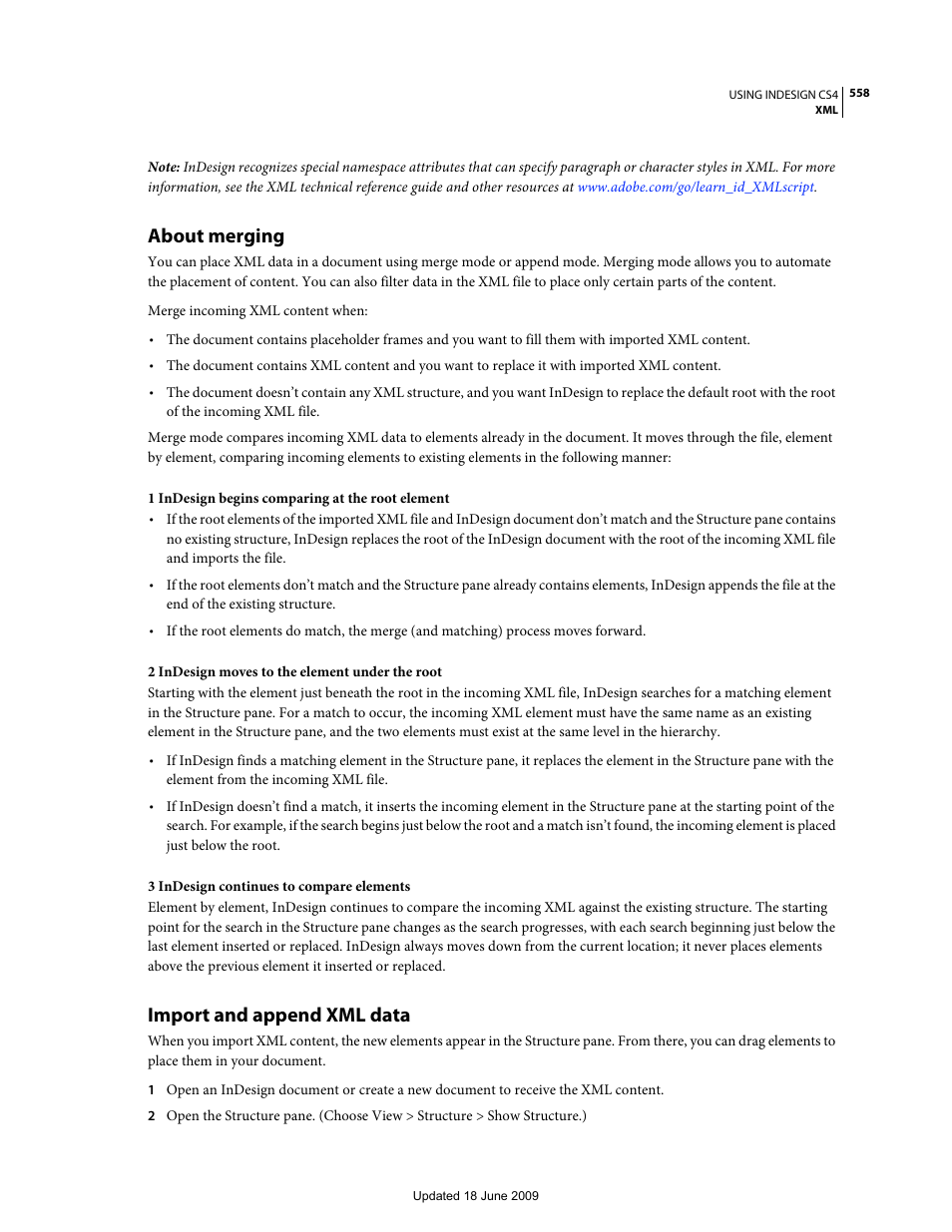 About merging, Import and append xml data | Adobe InDesign CS4 User Manual | Page 566 / 717