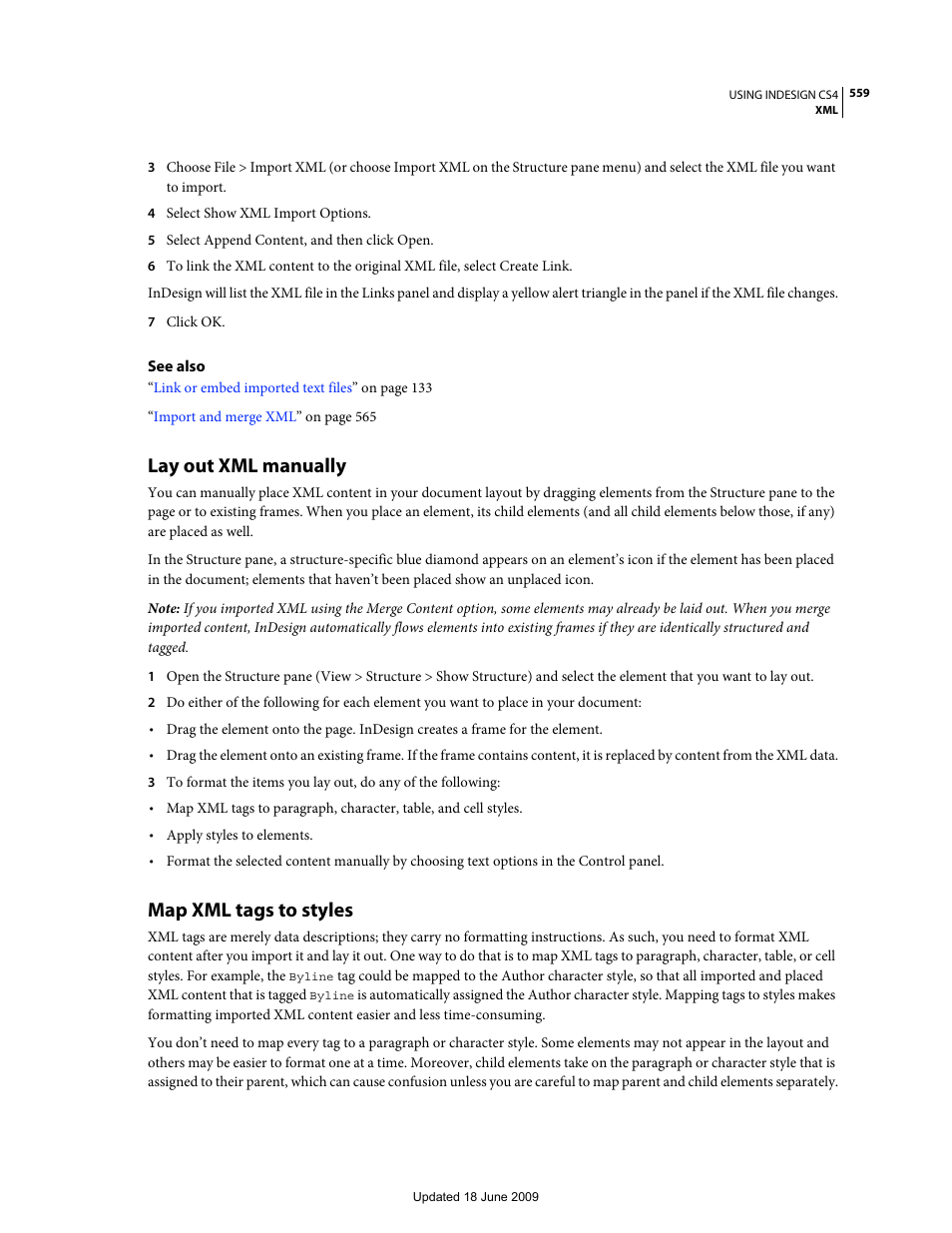 Lay out xml manually, Map xml tags to styles | Adobe InDesign CS4 User Manual | Page 567 / 717