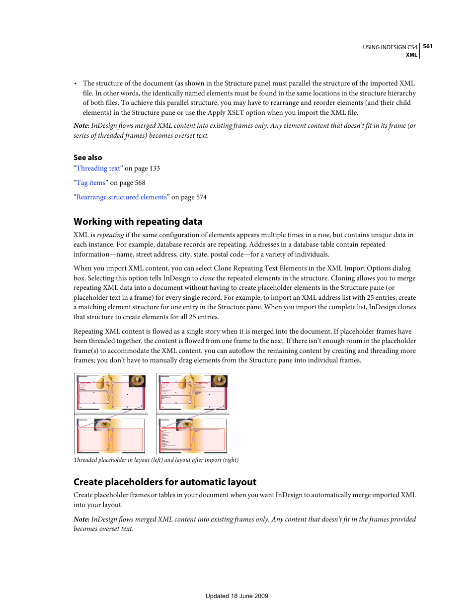 Working with repeating data, Create placeholders for automatic layout | Adobe InDesign CS4 User Manual | Page 569 / 717