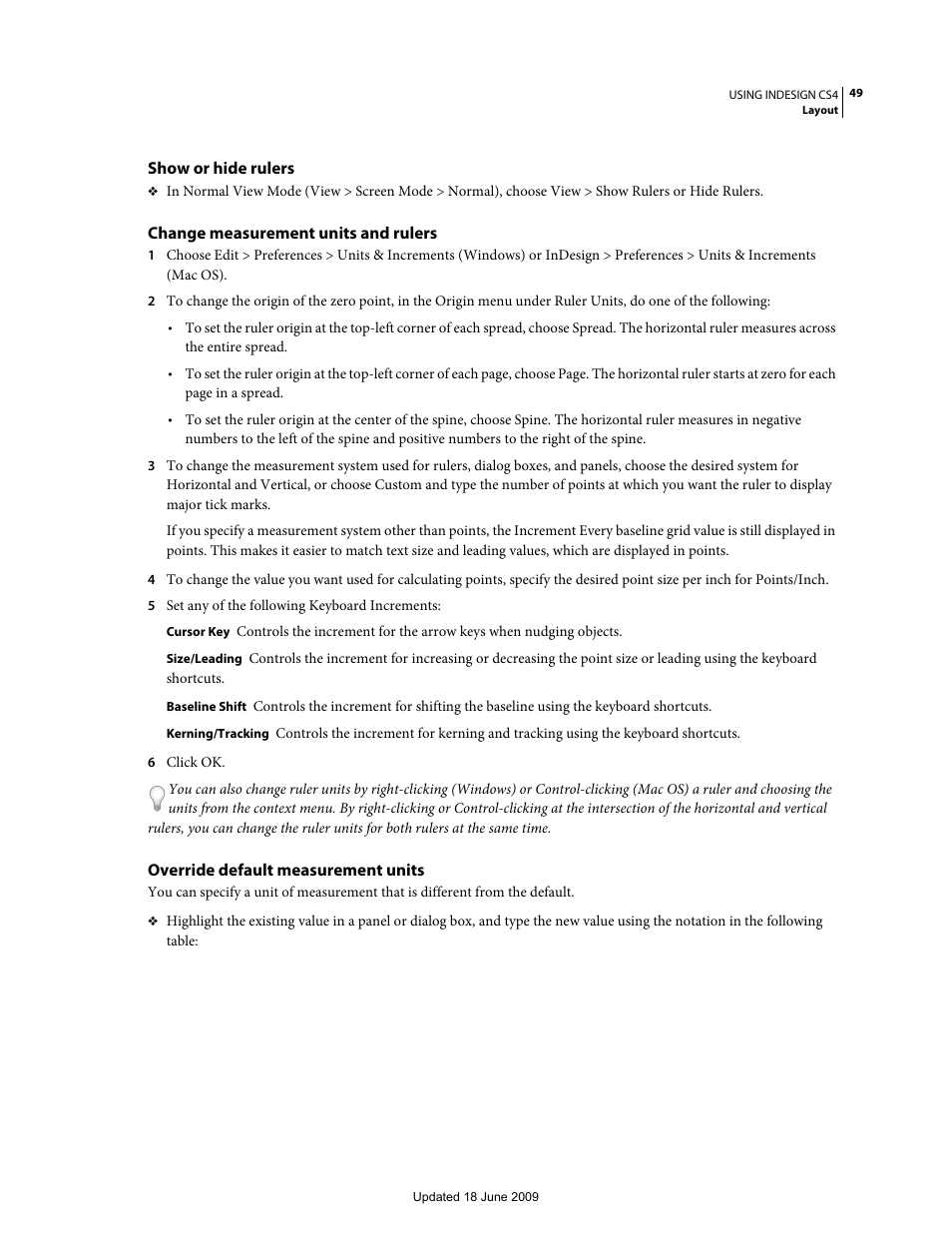 Show or hide rulers, Change measurement units and rulers, Override default measurement units | Adobe InDesign CS4 User Manual | Page 57 / 717