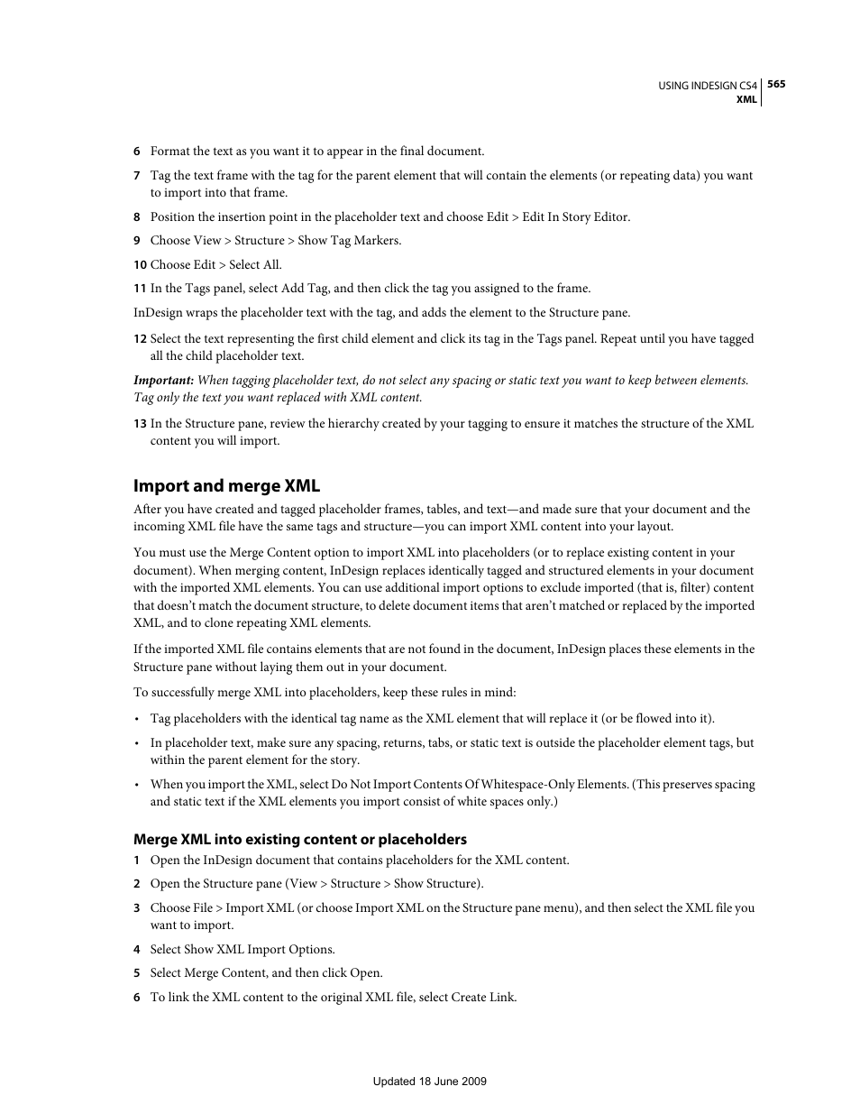 Import and merge xml, Merge xml into existing content or placeholders | Adobe InDesign CS4 User Manual | Page 573 / 717