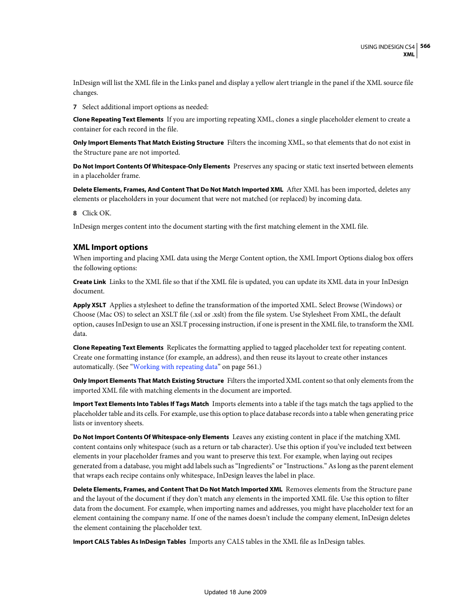 Xml import options | Adobe InDesign CS4 User Manual | Page 574 / 717