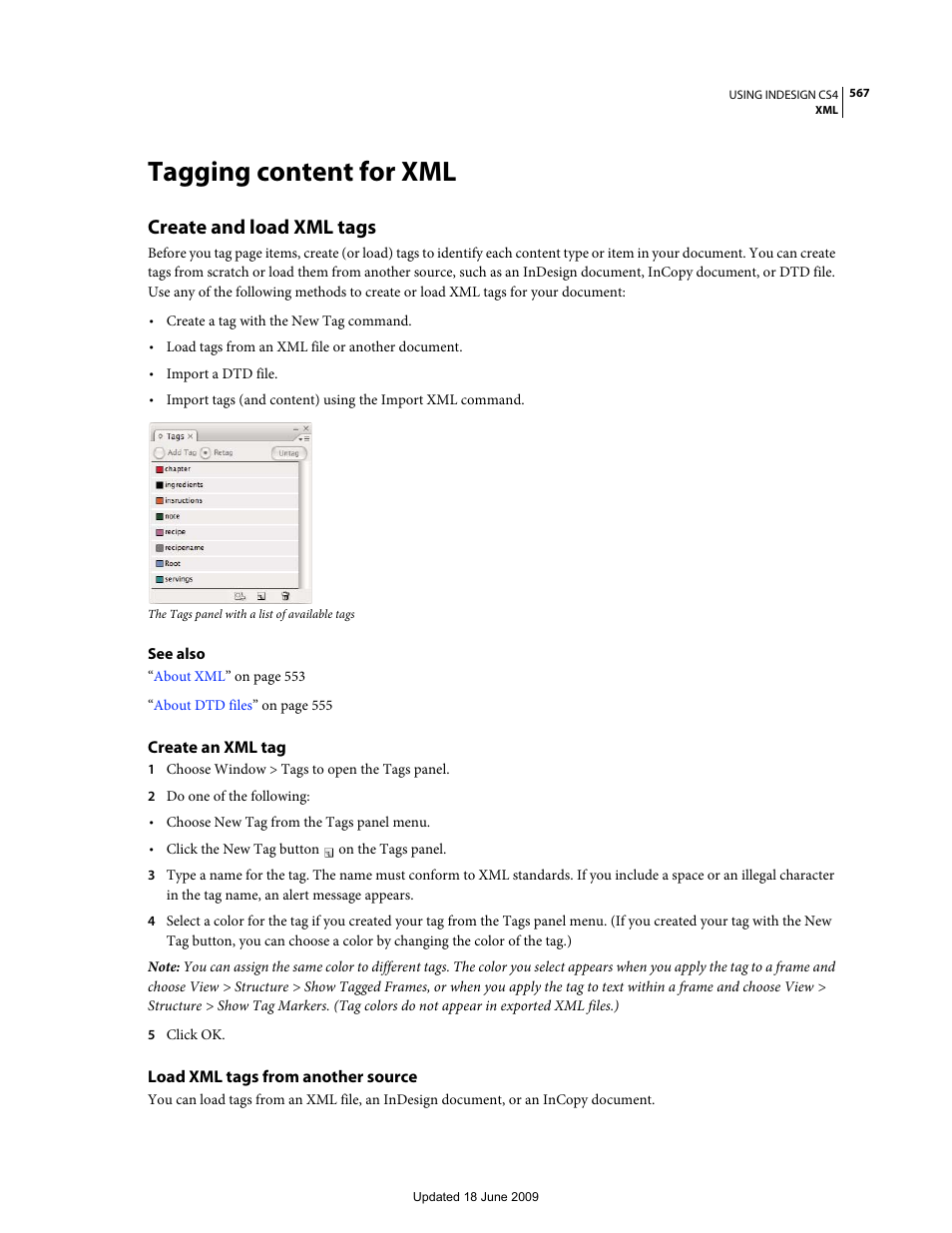 Tagging content for xml, Create and load xml tags, Create an xml tag | Load xml tags from another source | Adobe InDesign CS4 User Manual | Page 575 / 717