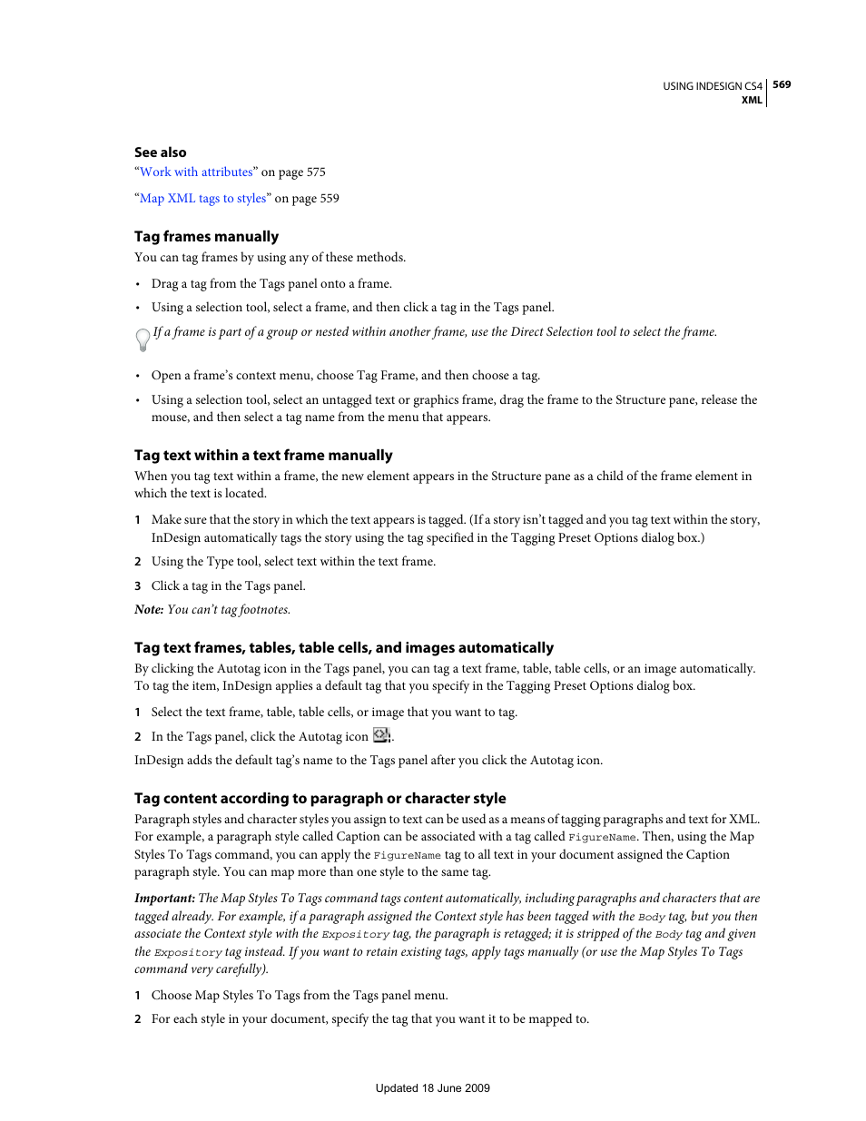 Tag frames manually, Tag text within a text frame manually | Adobe InDesign CS4 User Manual | Page 577 / 717