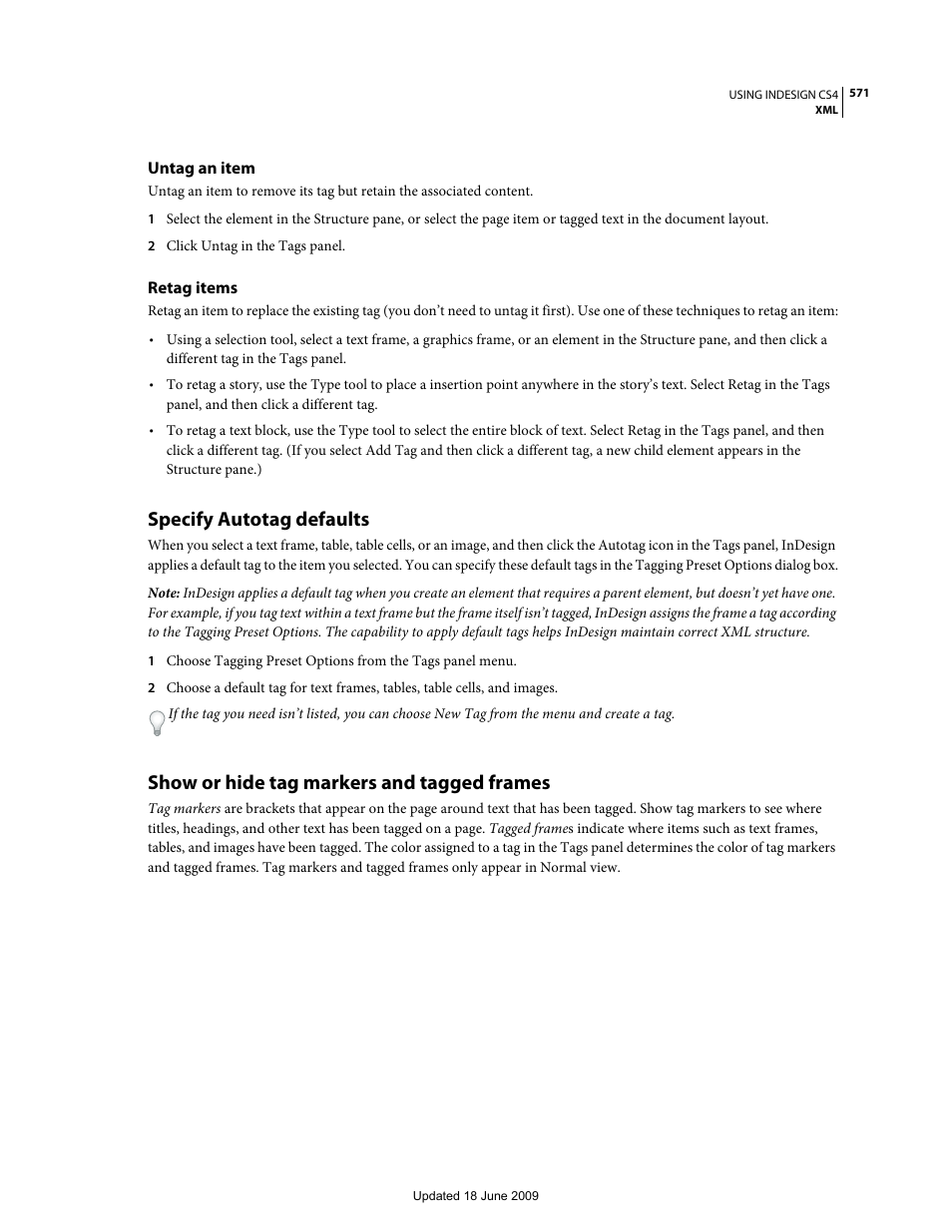 Untag an item, Retag items, Specify autotag defaults | Show or hide tag markers and tagged frames | Adobe InDesign CS4 User Manual | Page 579 / 717