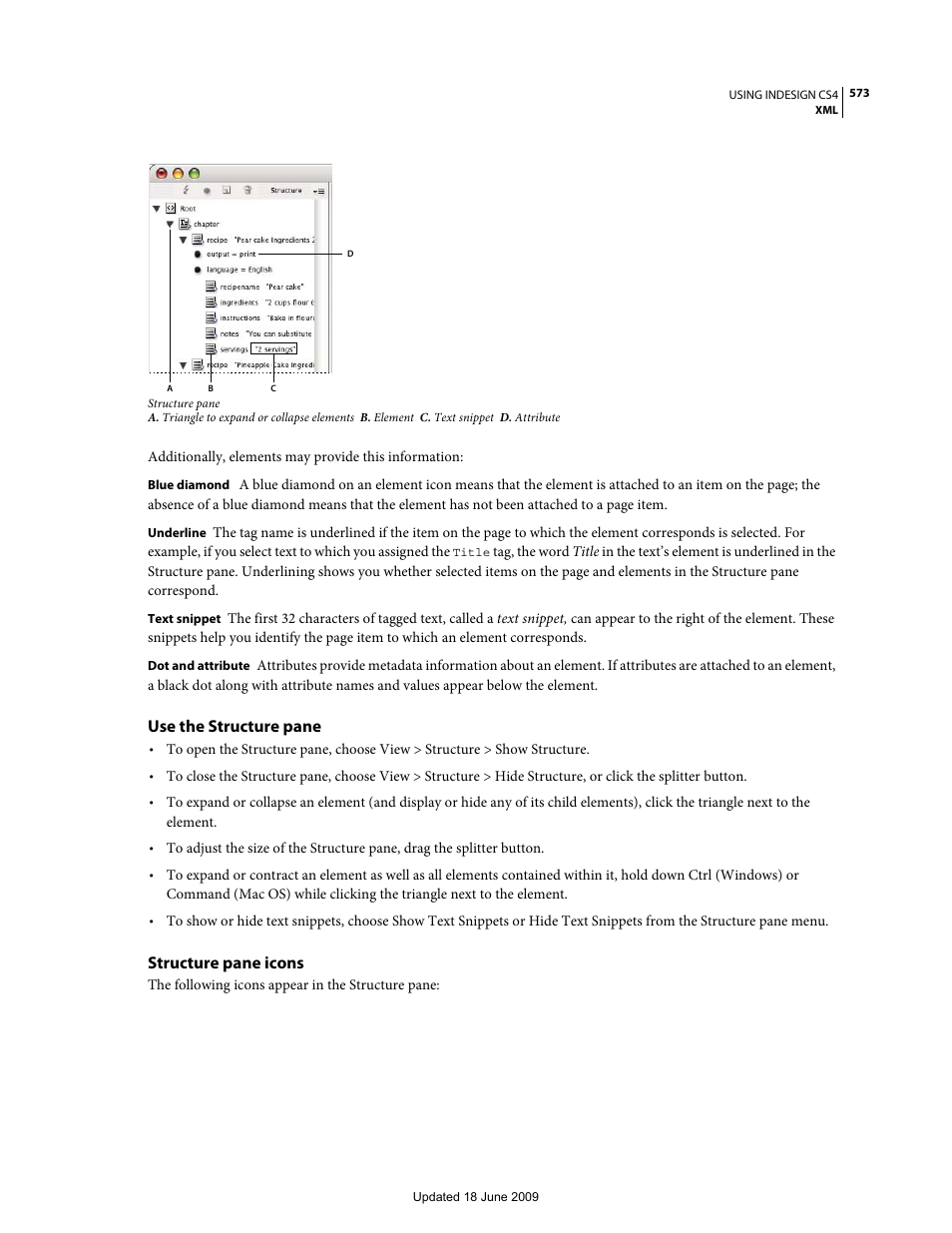 Use the structure pane, Structure pane icons | Adobe InDesign CS4 User Manual | Page 581 / 717
