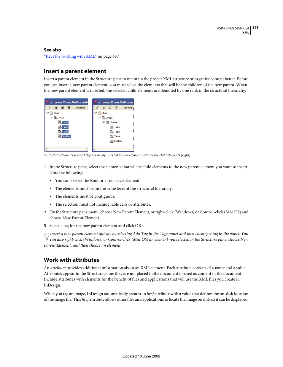 Insert a parent element, Work with attributes | Adobe InDesign CS4 User Manual | Page 583 / 717