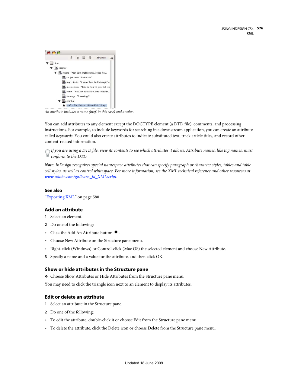 Add an attribute, Show or hide attributes in the structure pane, Edit or delete an attribute | Adobe InDesign CS4 User Manual | Page 584 / 717