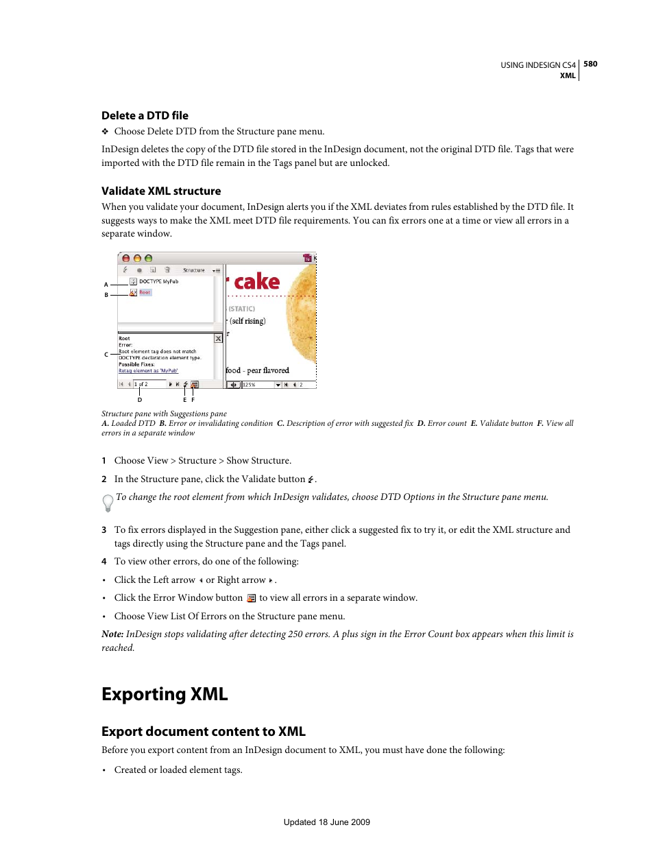 Delete a dtd file, Validate xml structure, Exporting xml | Export document content to xml | Adobe InDesign CS4 User Manual | Page 588 / 717