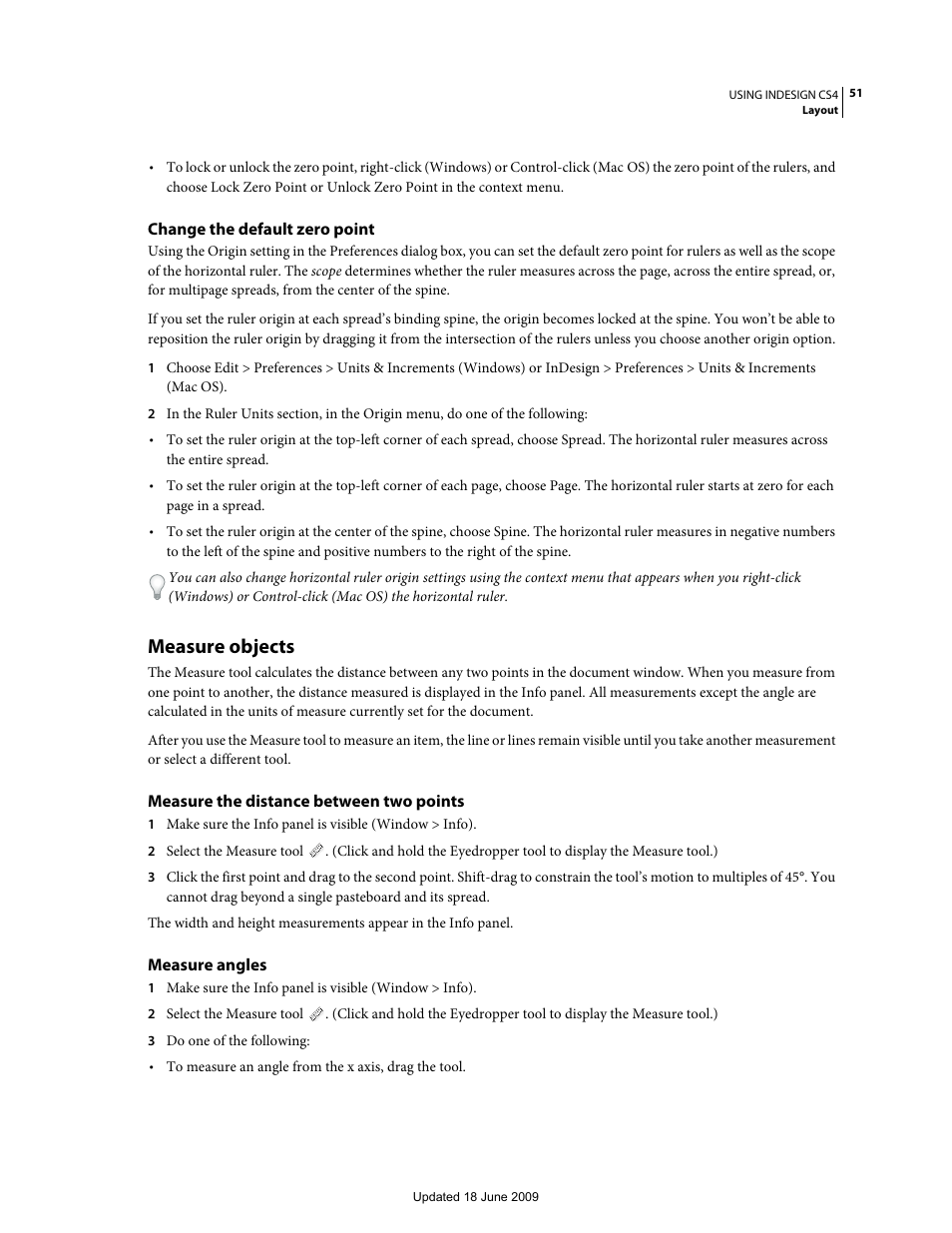 Change the default zero point, Measure objects, Measure the distance between two points | Measure angles | Adobe InDesign CS4 User Manual | Page 59 / 717