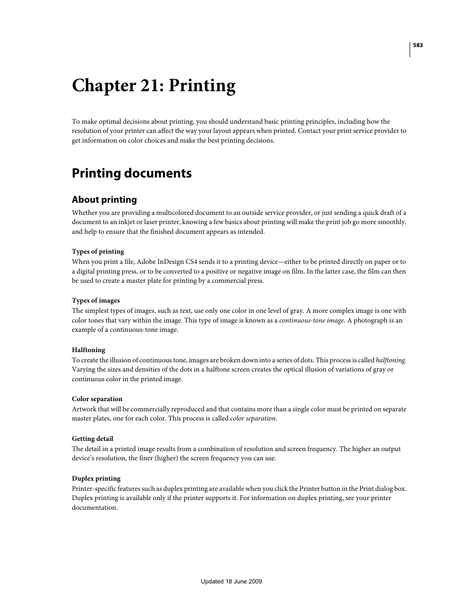 Chapter 21: printing, Printing documents, About printing | Adobe InDesign CS4 User Manual | Page 591 / 717