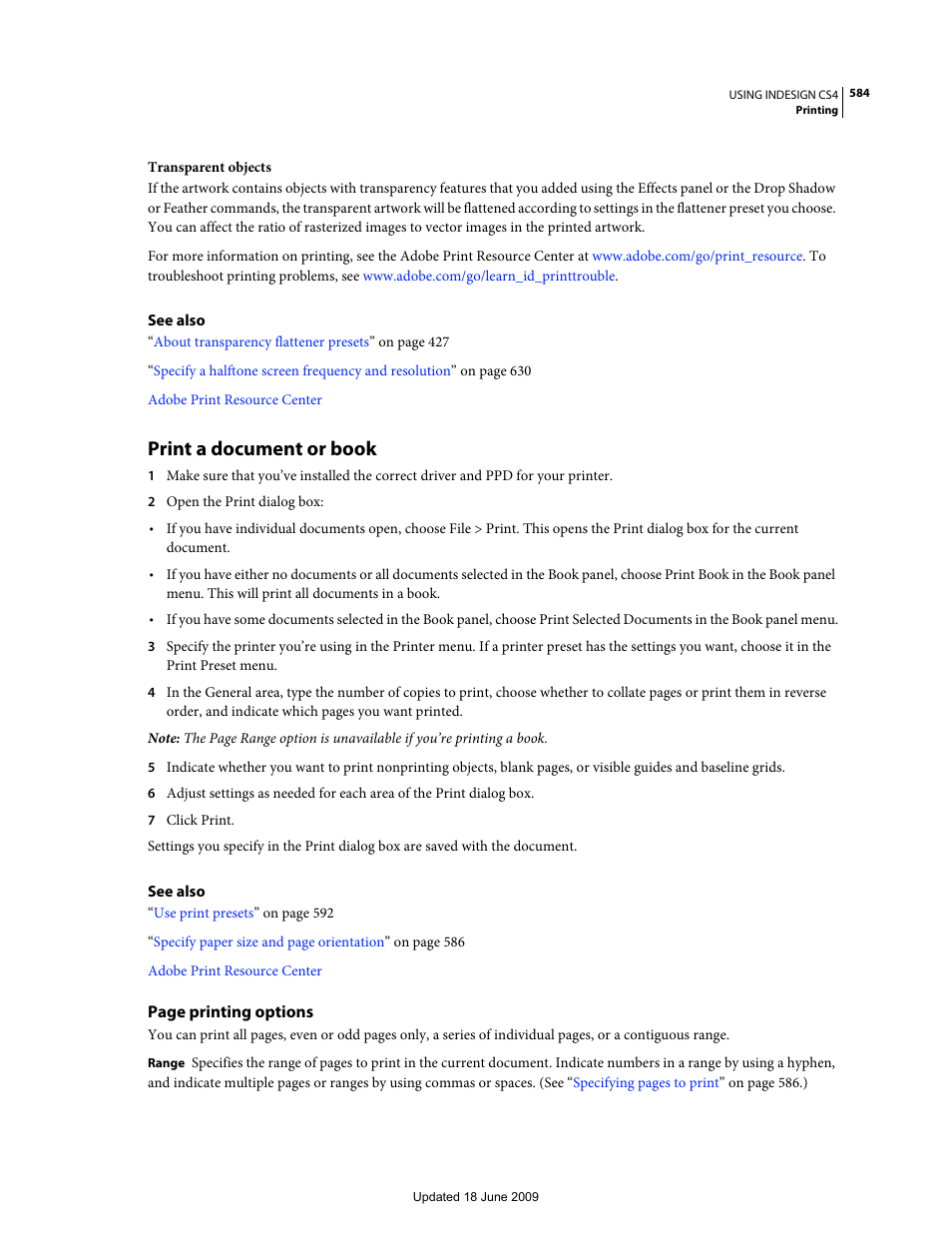 Print a document or book, Print a document or, Book | Adobe InDesign CS4 User Manual | Page 592 / 717
