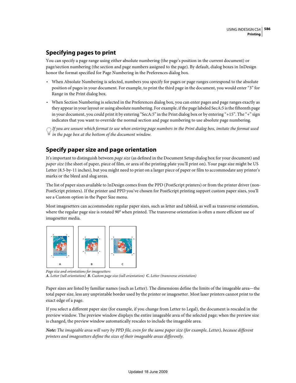 Specifying pages to print, Specify paper size and page orientation | Adobe InDesign CS4 User Manual | Page 594 / 717