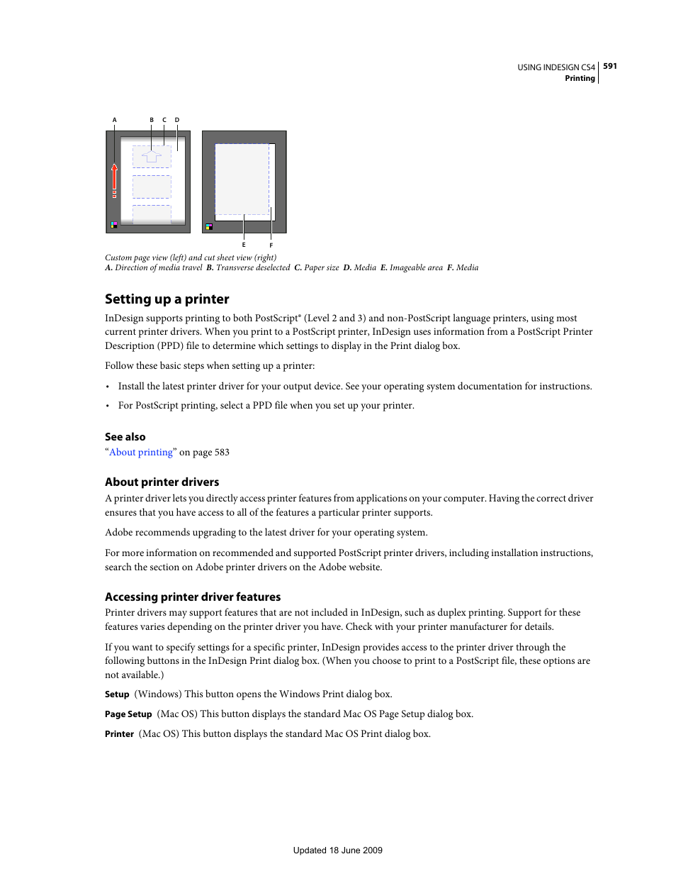 Setting up a printer, About printer drivers, Accessing printer driver features | Adobe InDesign CS4 User Manual | Page 599 / 717