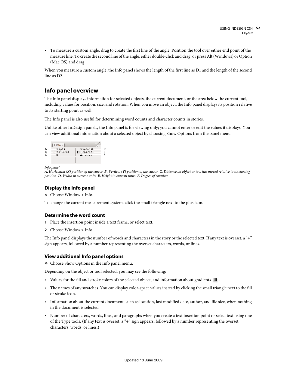 Info panel overview, Display the info panel, Determine the word count | View additional info panel options | Adobe InDesign CS4 User Manual | Page 60 / 717