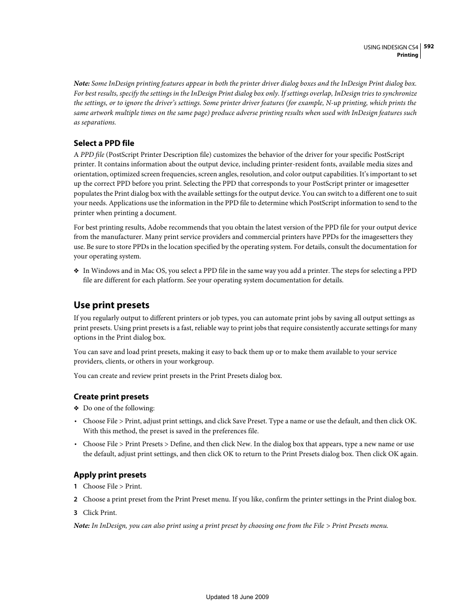 Select a ppd file, Use print presets, Create print presets | Apply print presets | Adobe InDesign CS4 User Manual | Page 600 / 717