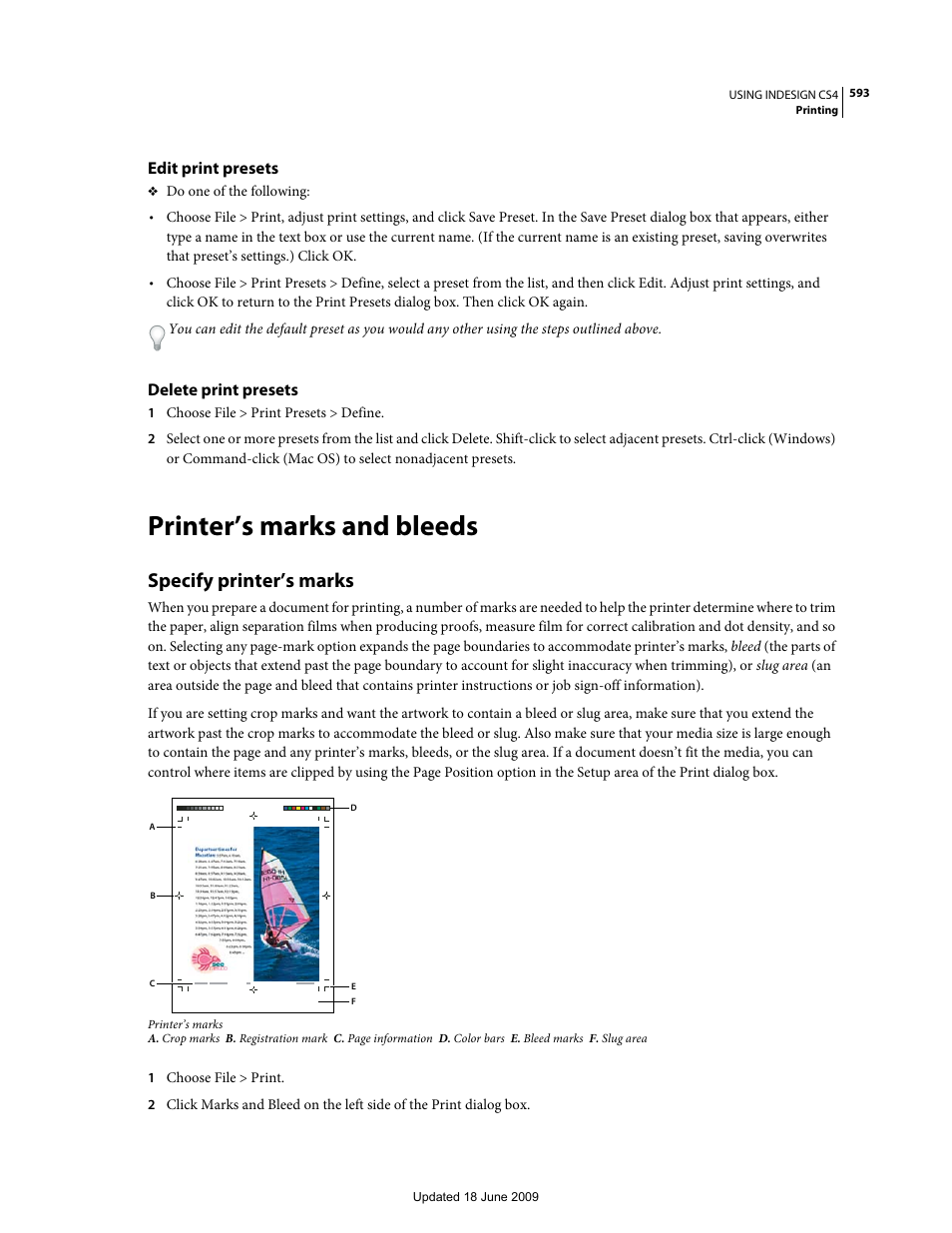 Edit print presets, Delete print presets, Printer’s marks and bleeds | Specify printer’s marks | Adobe InDesign CS4 User Manual | Page 601 / 717