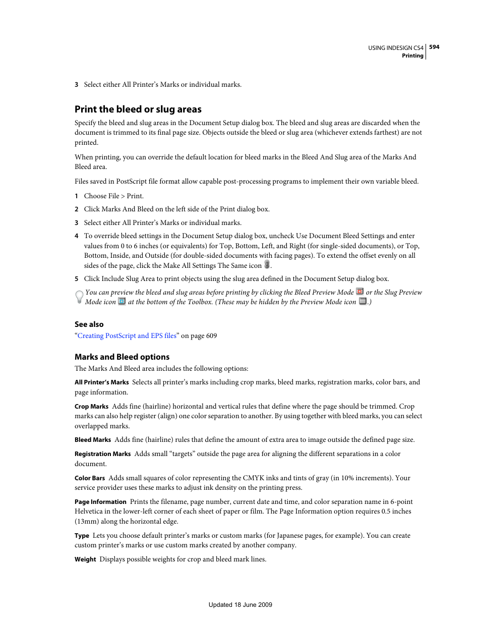 Print the bleed or slug areas, Marks and bleed options | Adobe InDesign CS4 User Manual | Page 602 / 717