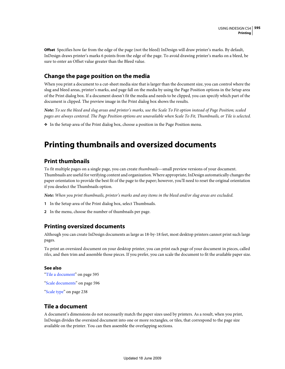 Printing thumbnails and oversized documents, Print thumbnails, Printing oversized documents | Tile a document, Change the page position on the media | Adobe InDesign CS4 User Manual | Page 603 / 717