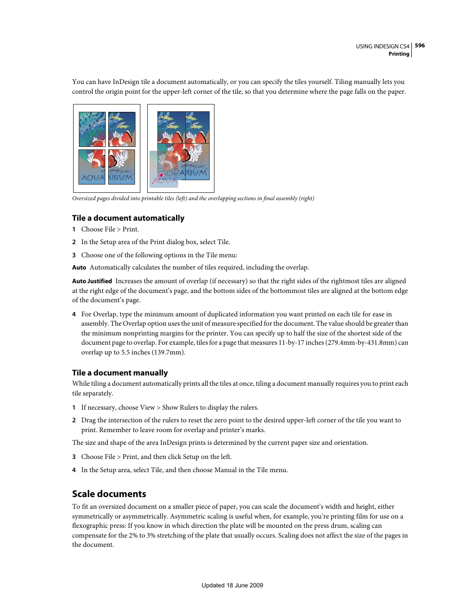 Tile a document automatically, Tile a document manually, Scale documents | Adobe InDesign CS4 User Manual | Page 604 / 717