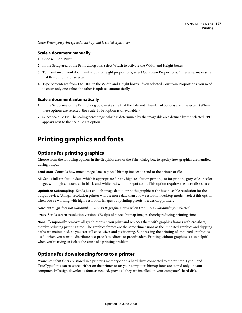 Scale a document manually, Scale a document automatically, Printing graphics and fonts | Options for printing graphics, Options for downloading fonts to a printer | Adobe InDesign CS4 User Manual | Page 605 / 717