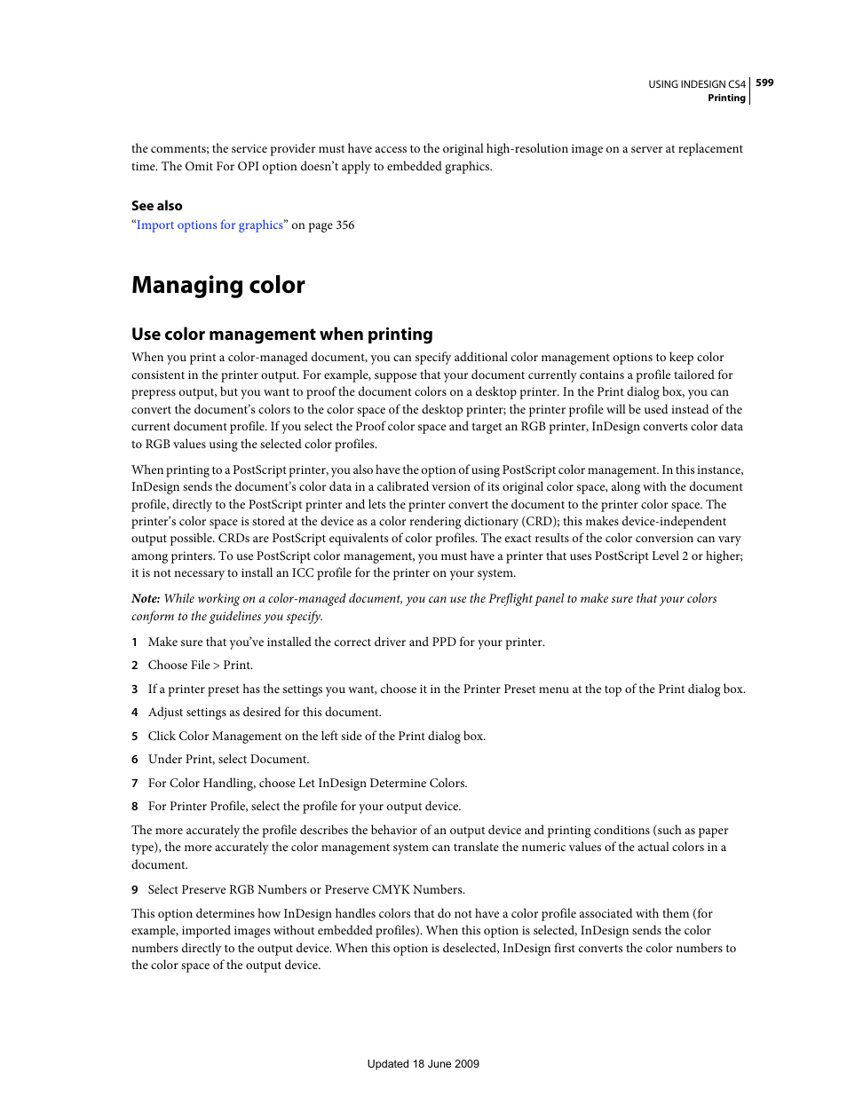 Managing color, Use color management when printing | Adobe InDesign CS4 User Manual | Page 607 / 717