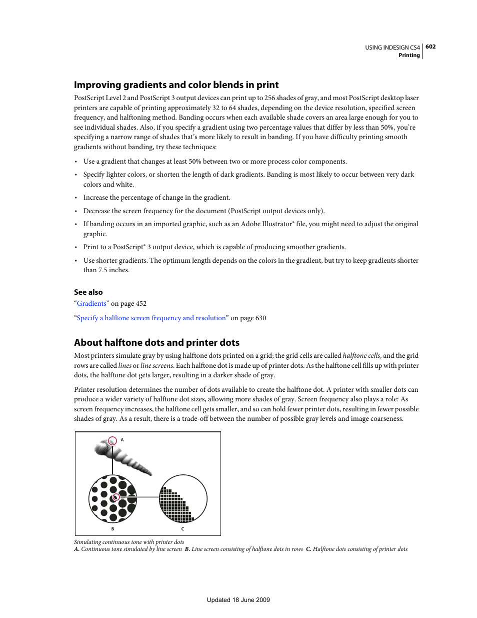 Improving gradients and color blends in print, About halftone dots and printer dots | Adobe InDesign CS4 User Manual | Page 610 / 717