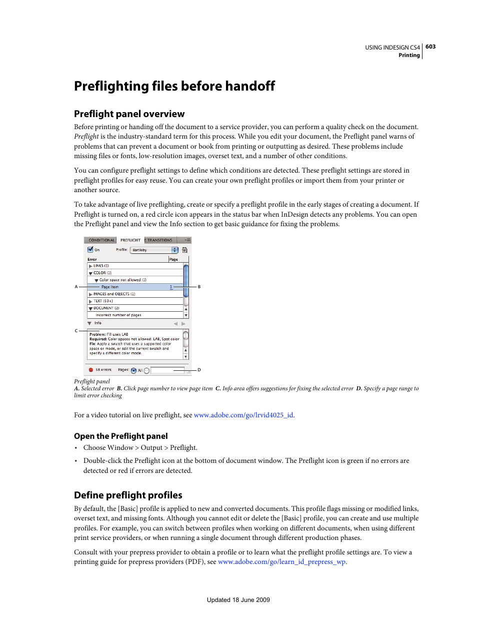 Preflighting files before handoff, Preflight panel overview, Open the preflight panel | Define preflight profiles | Adobe InDesign CS4 User Manual | Page 611 / 717