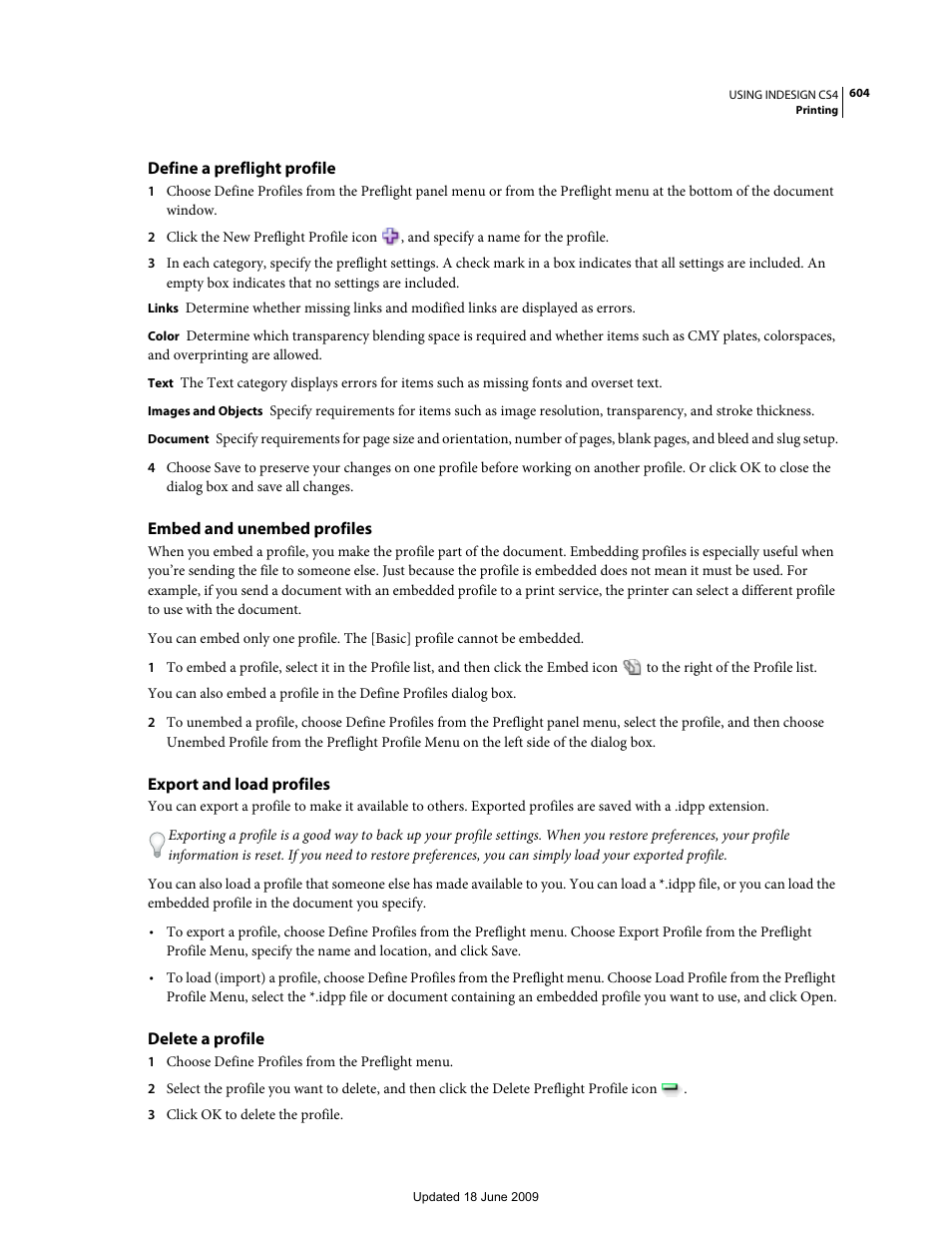 Define a preflight profile, Embed and unembed profiles, Export and load profiles | Delete a profile | Adobe InDesign CS4 User Manual | Page 612 / 717