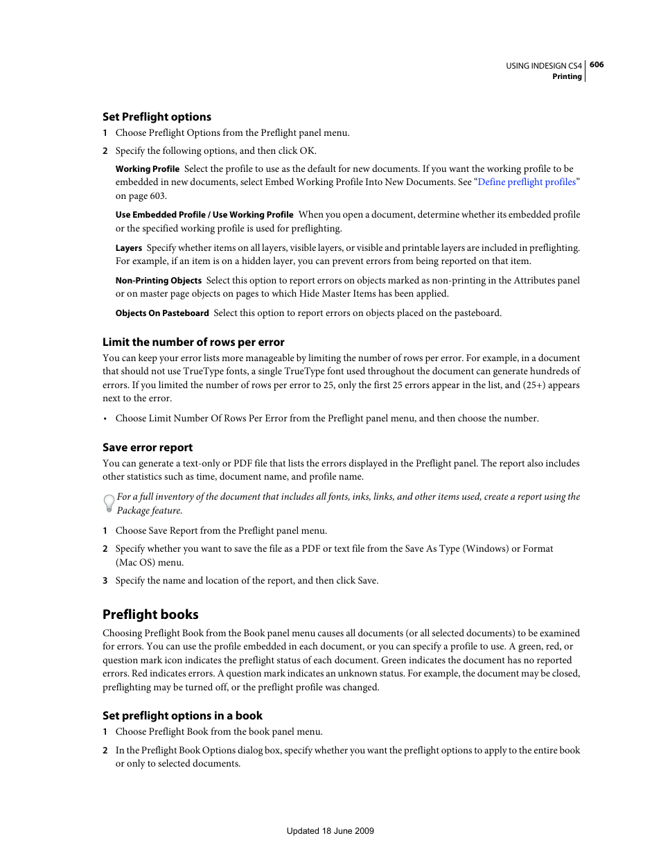 Set preflight options, Limit the number of rows per error, Save error report | Preflight books, Set preflight options in a book | Adobe InDesign CS4 User Manual | Page 614 / 717