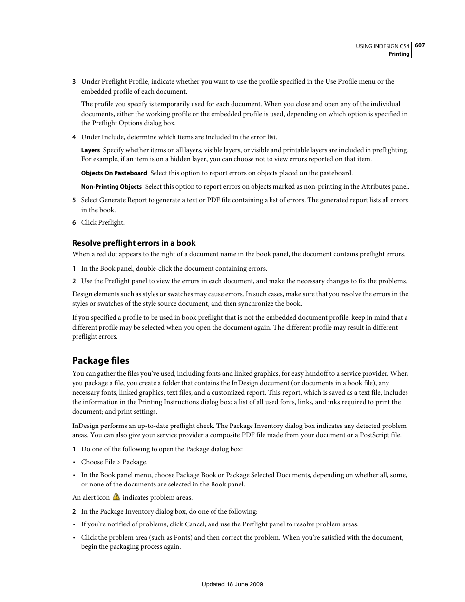 Resolve preflight errors in a book, Package files | Adobe InDesign CS4 User Manual | Page 615 / 717