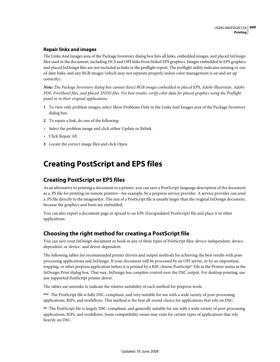 Repair links and images, Creating postscript and eps files, Creating postscript or eps files | Adobe InDesign CS4 User Manual | Page 617 / 717
