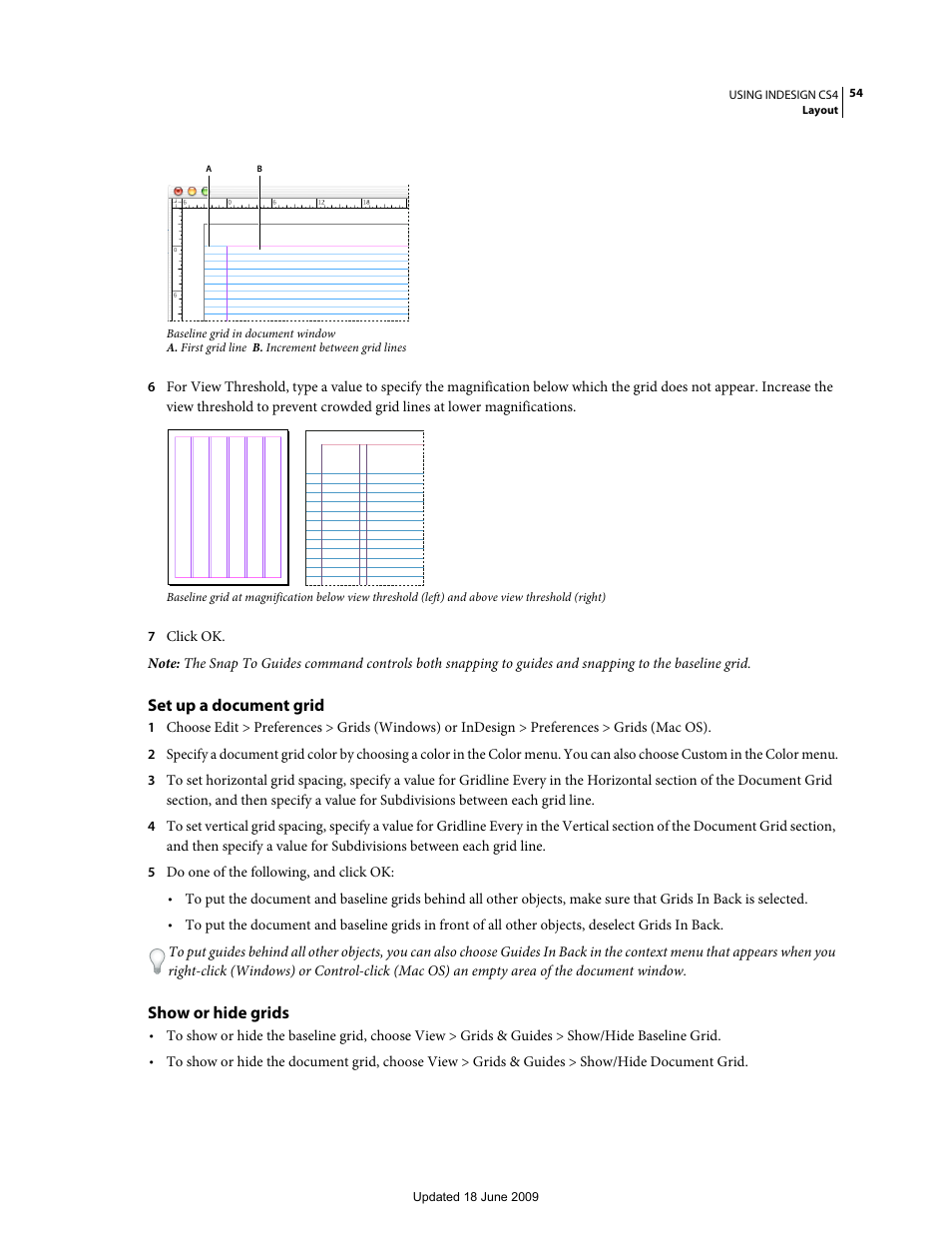 Set up a document grid, Show or hide grids | Adobe InDesign CS4 User Manual | Page 62 / 717