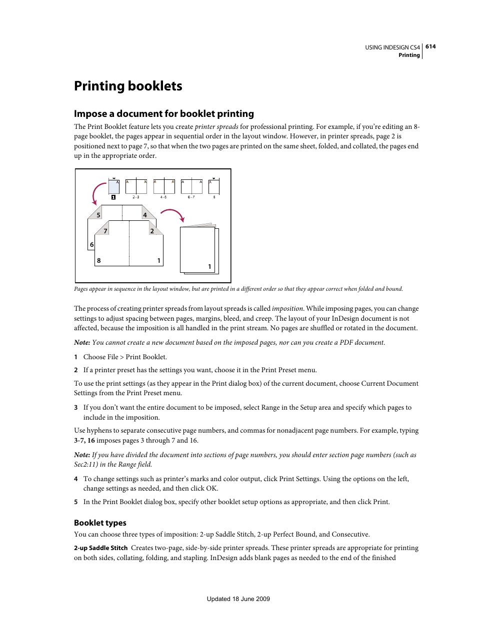 Printing booklets, Impose a document for booklet printing, Booklet types | Adobe InDesign CS4 User Manual | Page 622 / 717