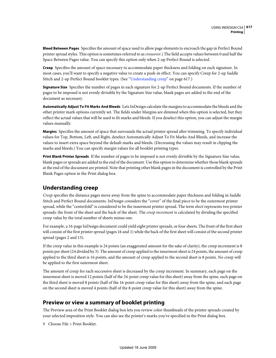 Understanding creep, Preview or view a summary of booklet printing | Adobe InDesign CS4 User Manual | Page 625 / 717