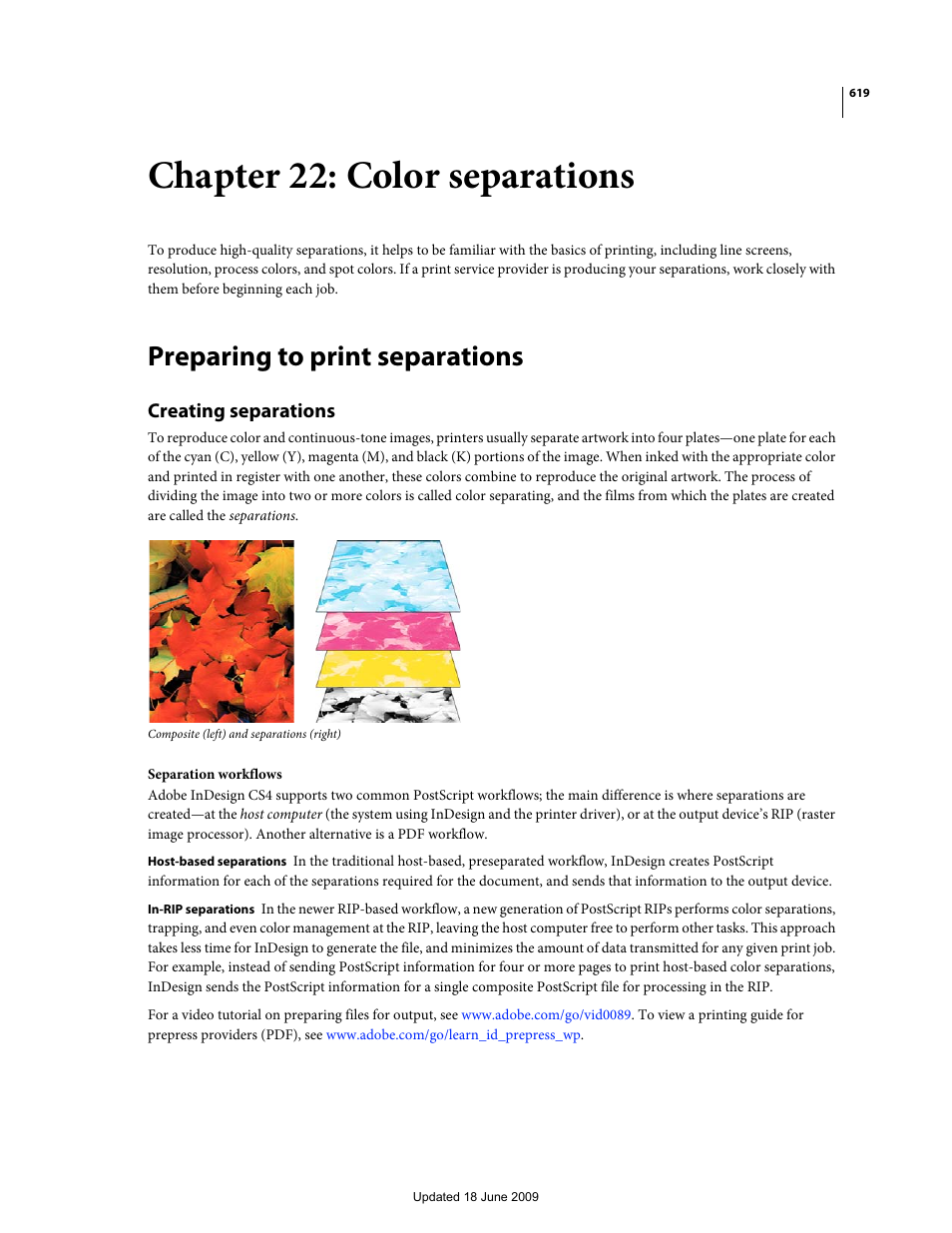Chapter 22: color separations, Preparing to print separations, Creating separations | Adobe InDesign CS4 User Manual | Page 627 / 717