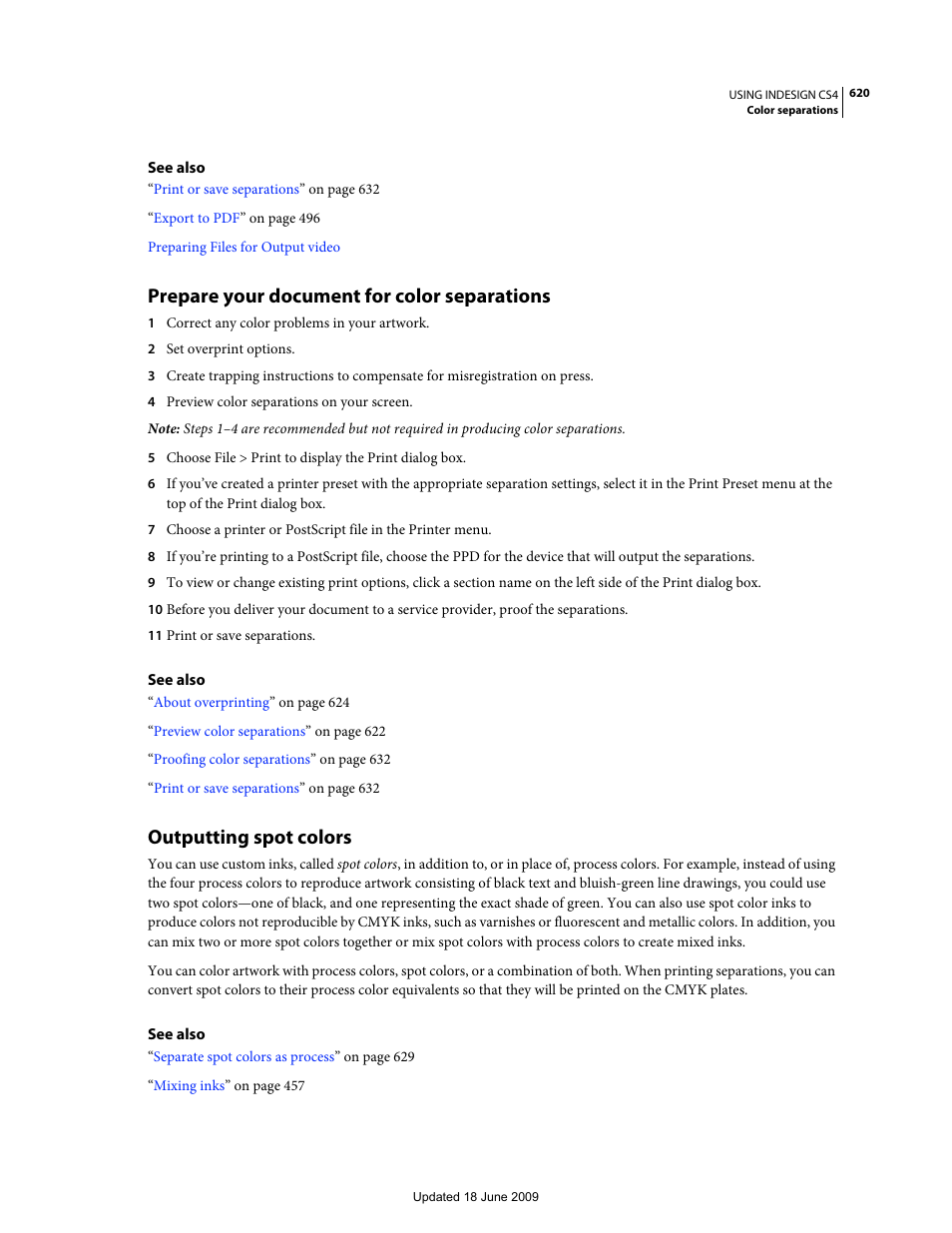 Prepare your document for color separations, Outputting spot colors | Adobe InDesign CS4 User Manual | Page 628 / 717