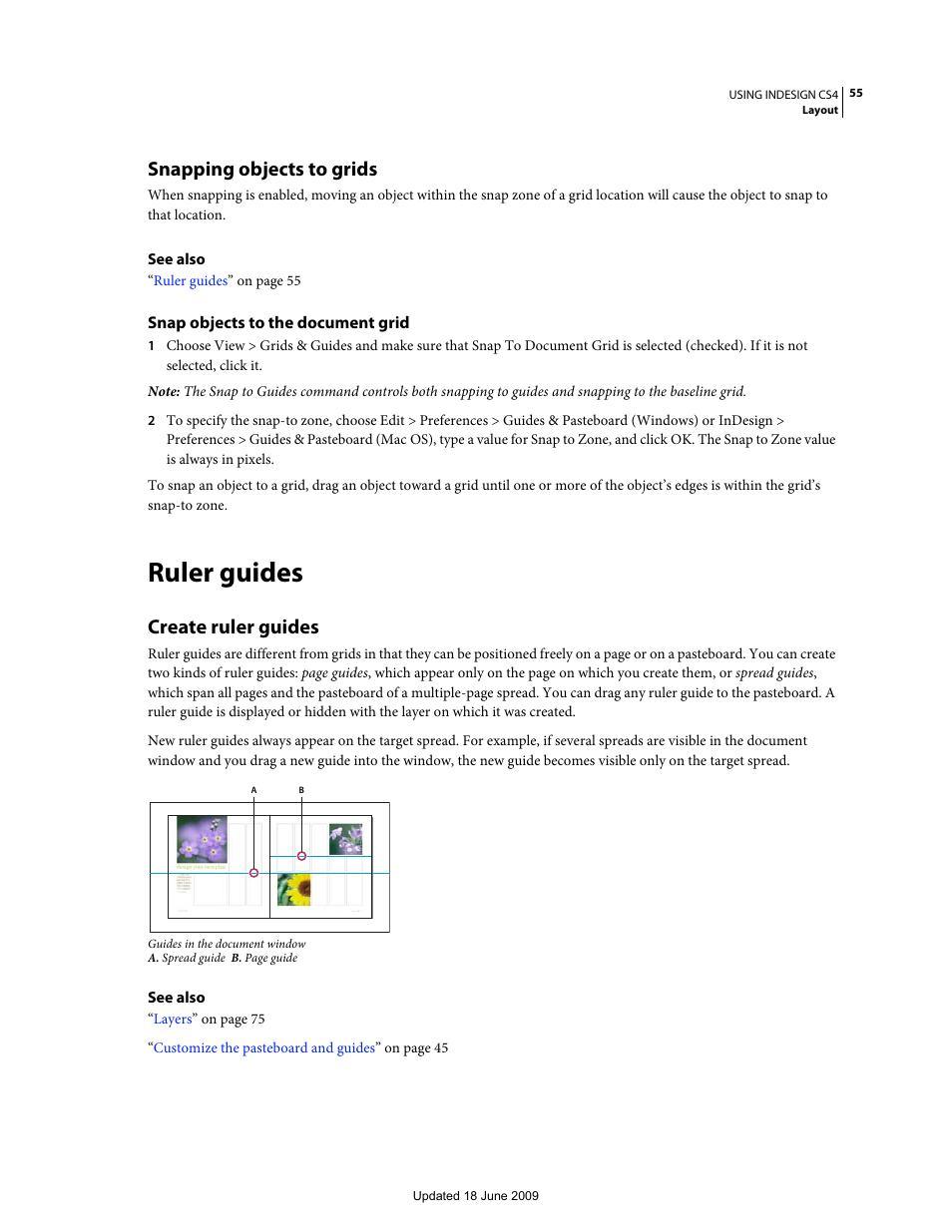 Snapping objects to grids, Snap objects to the document grid, Ruler guides | Create ruler guides | Adobe InDesign CS4 User Manual | Page 63 / 717