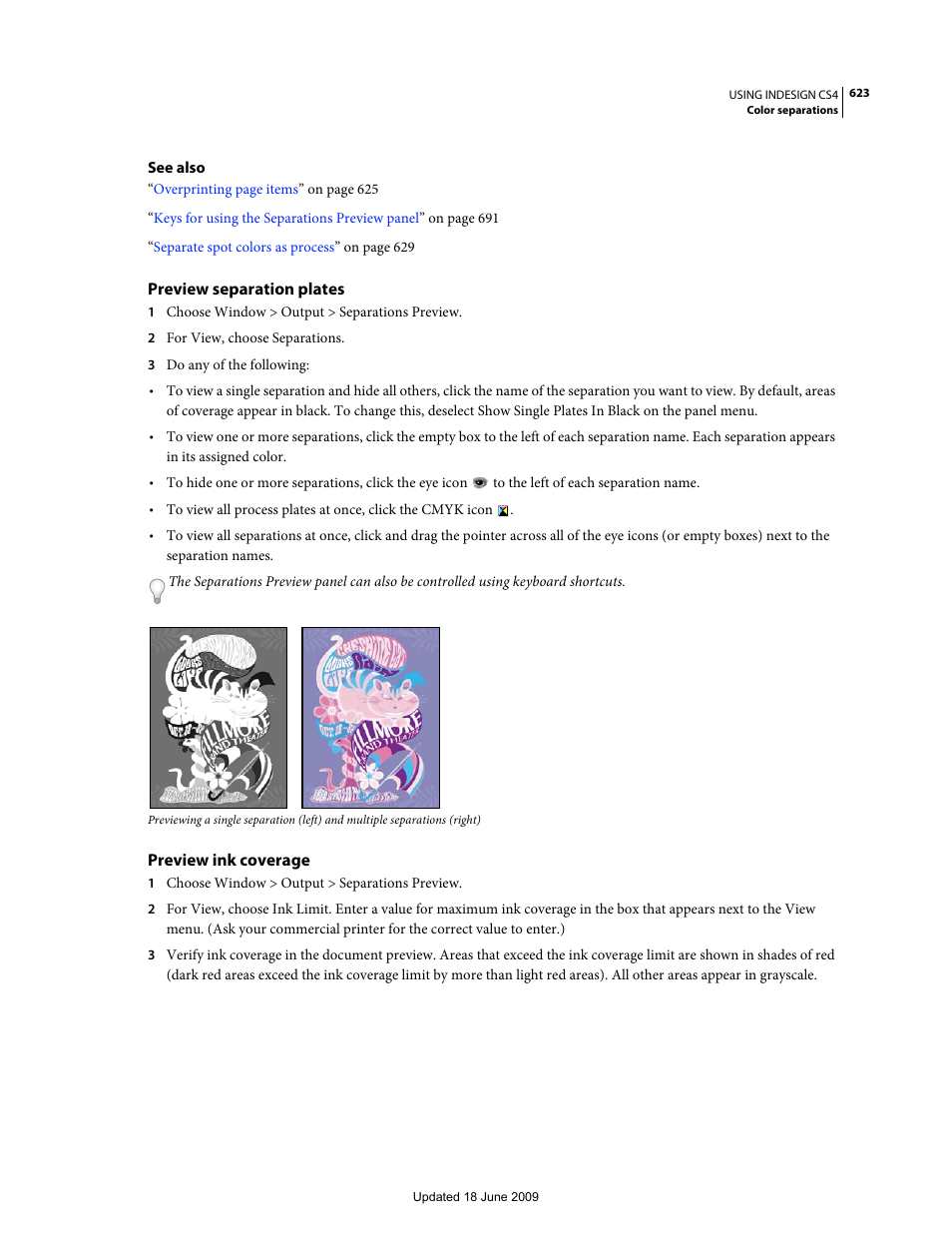Preview separation plates, Preview ink coverage | Adobe InDesign CS4 User Manual | Page 631 / 717