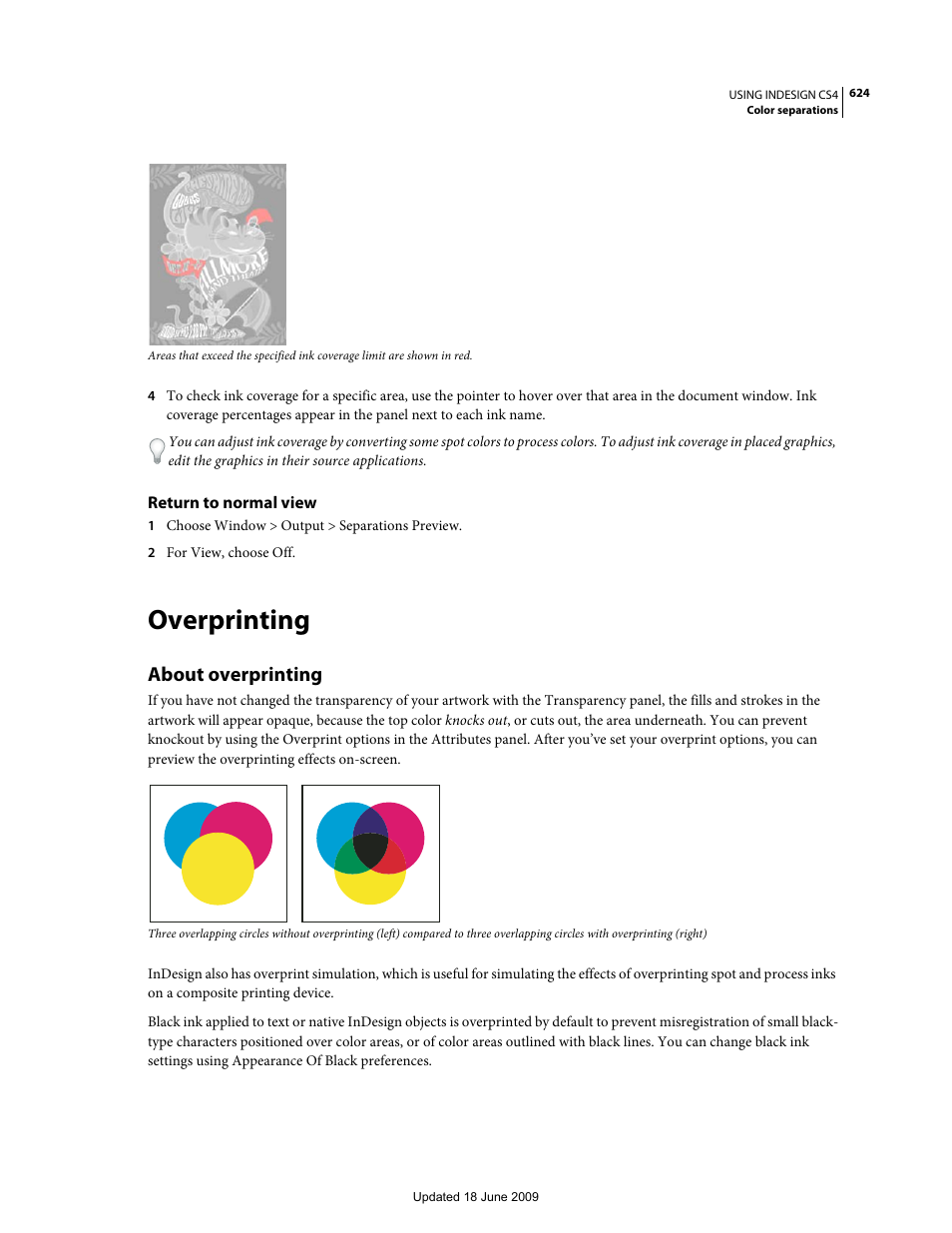 Return to normal view, Overprinting, About overprinting | Adobe InDesign CS4 User Manual | Page 632 / 717