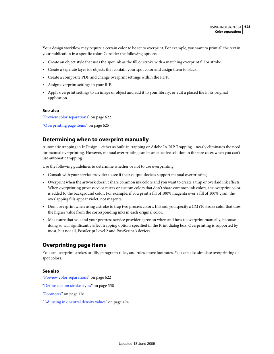Determining when to overprint manually, Overprinting page items | Adobe InDesign CS4 User Manual | Page 633 / 717