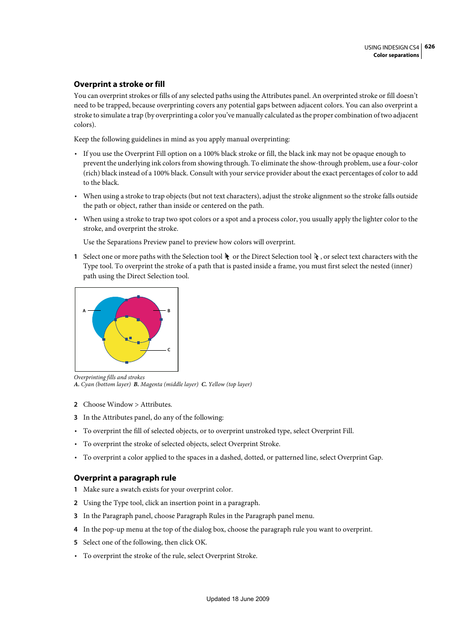 Overprint a stroke or fill, Overprint a paragraph rule | Adobe InDesign CS4 User Manual | Page 634 / 717