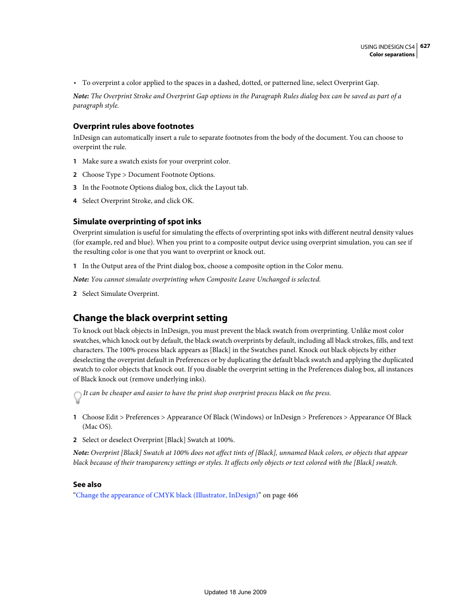 Overprint rules above footnotes, Simulate overprinting of spot inks, Change the black overprint setting | Adobe InDesign CS4 User Manual | Page 635 / 717